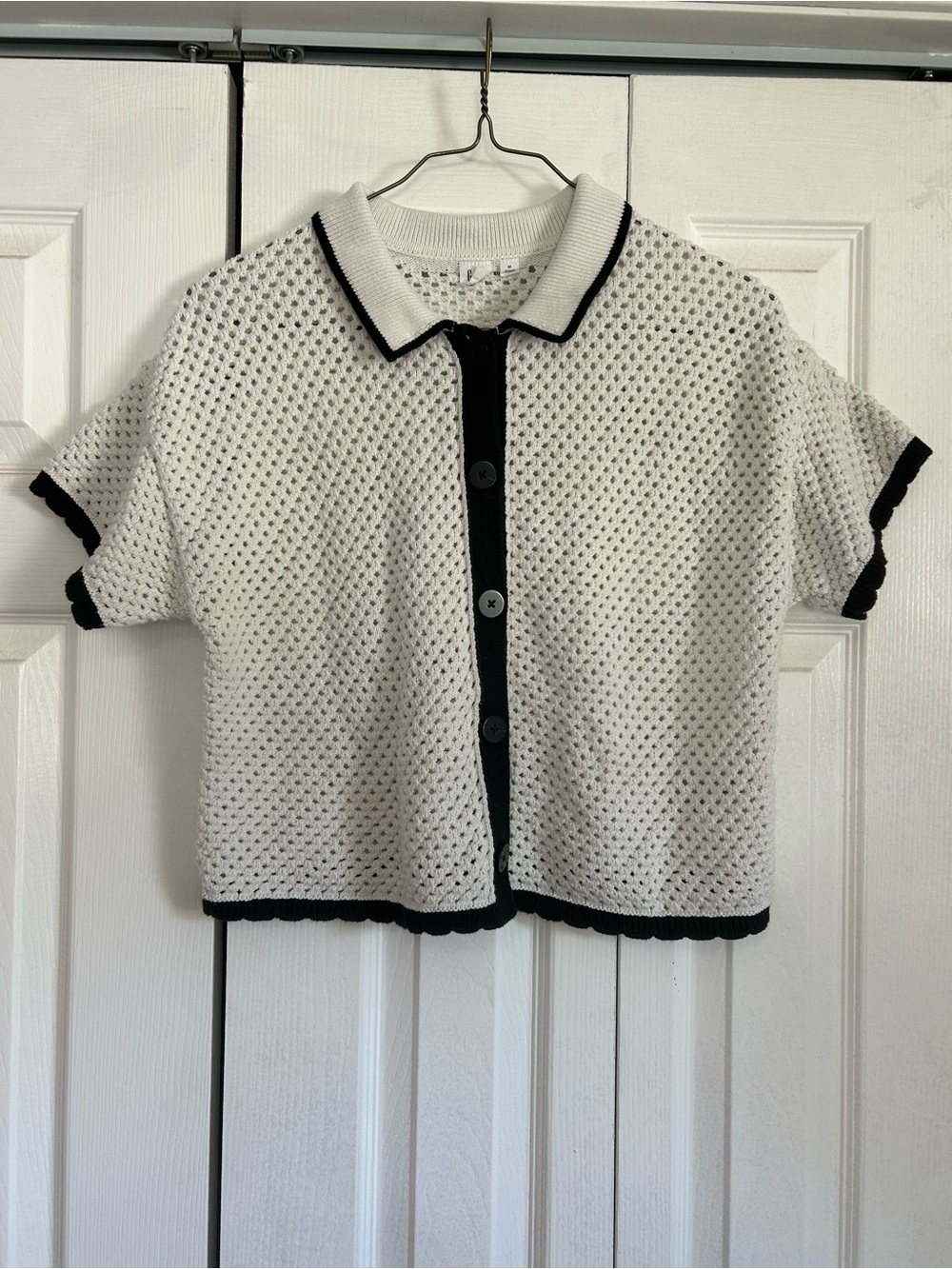 Gap White Crochet Knit Polo Top with Black Trim